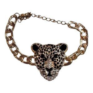 Gold-Tone Leopard Head Statement Bracelet Rhinestones & Black Enamel Detailing